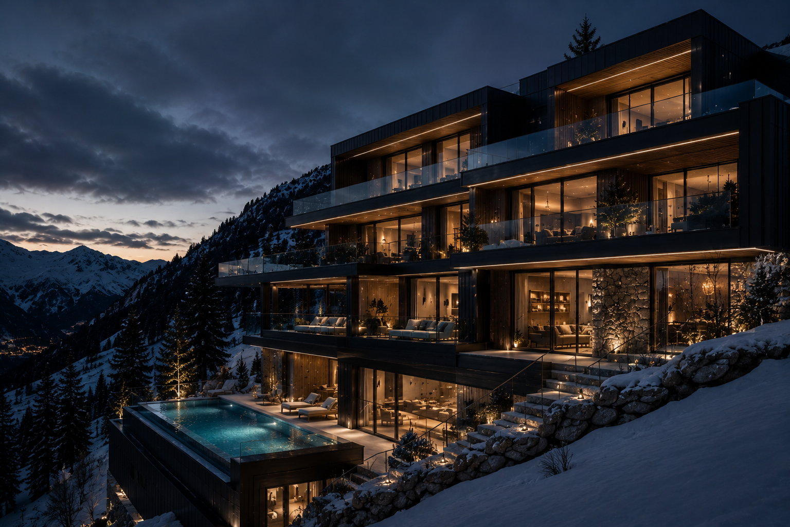 Exterior de alojamiento en paisaje nevado