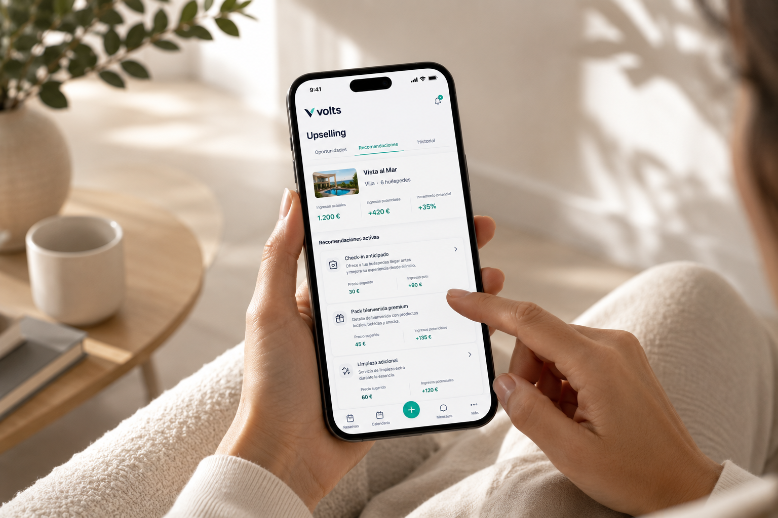 Panel de upselling de Volts360 en un teléfono móvil