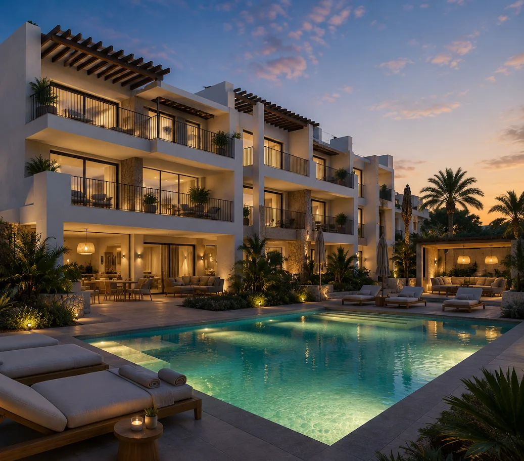 Exterior de alojamiento con piscina al atardecer