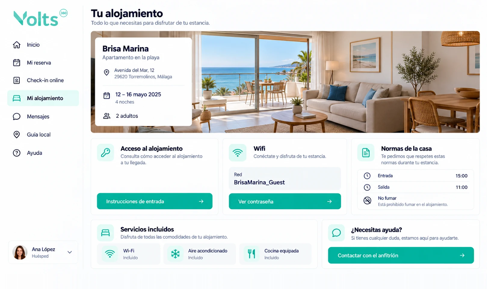 App del huésped en Volts360: información del alojamiento