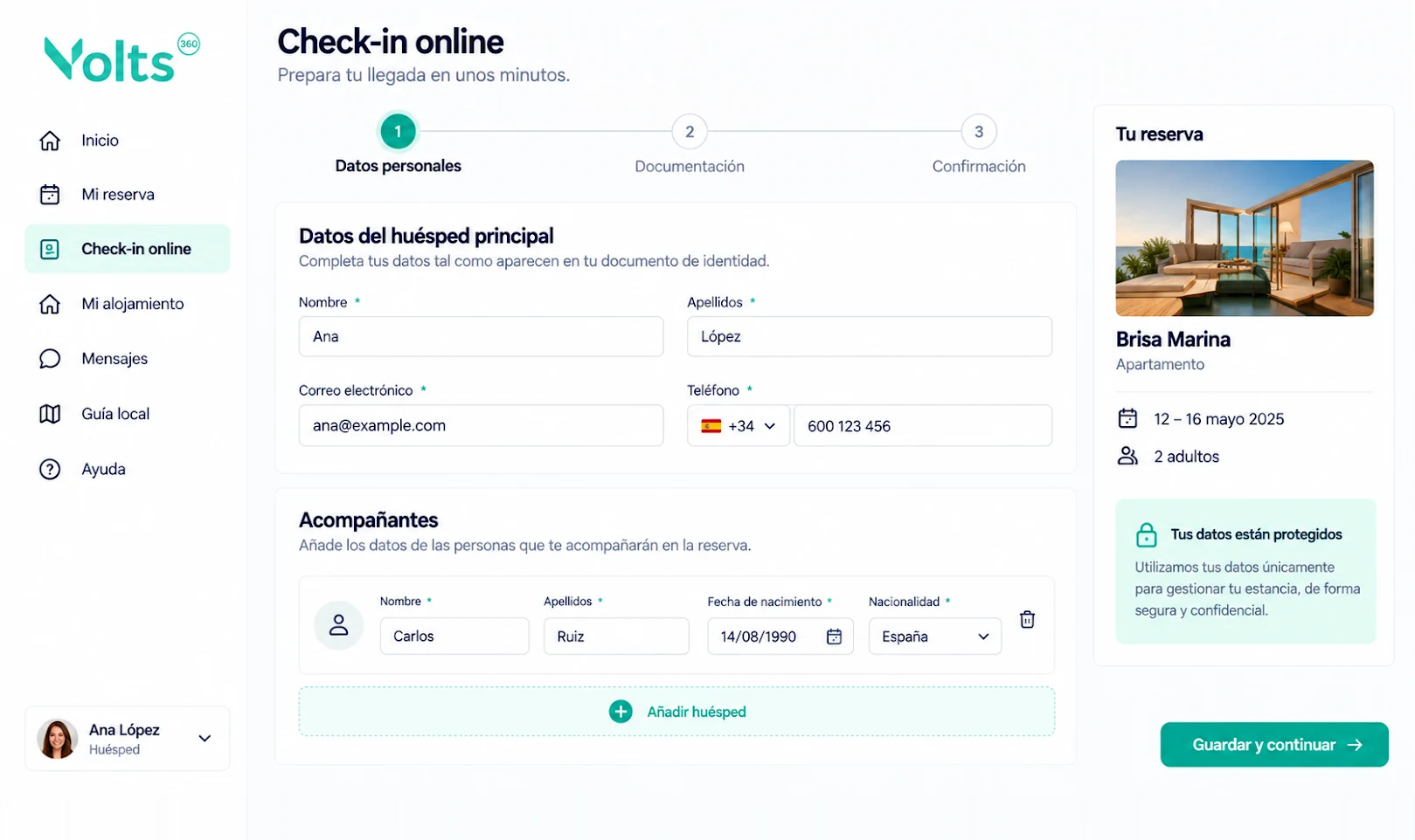 App del huésped en Volts360: check-in online