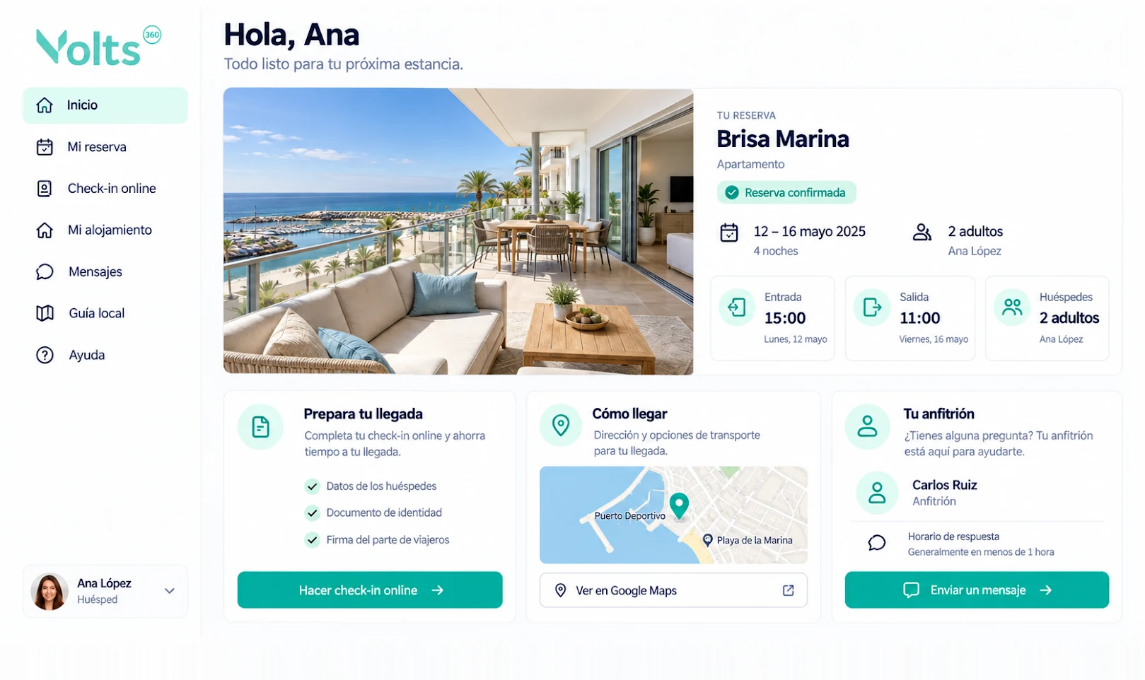 App del huésped en Volts360: inicio de la estancia