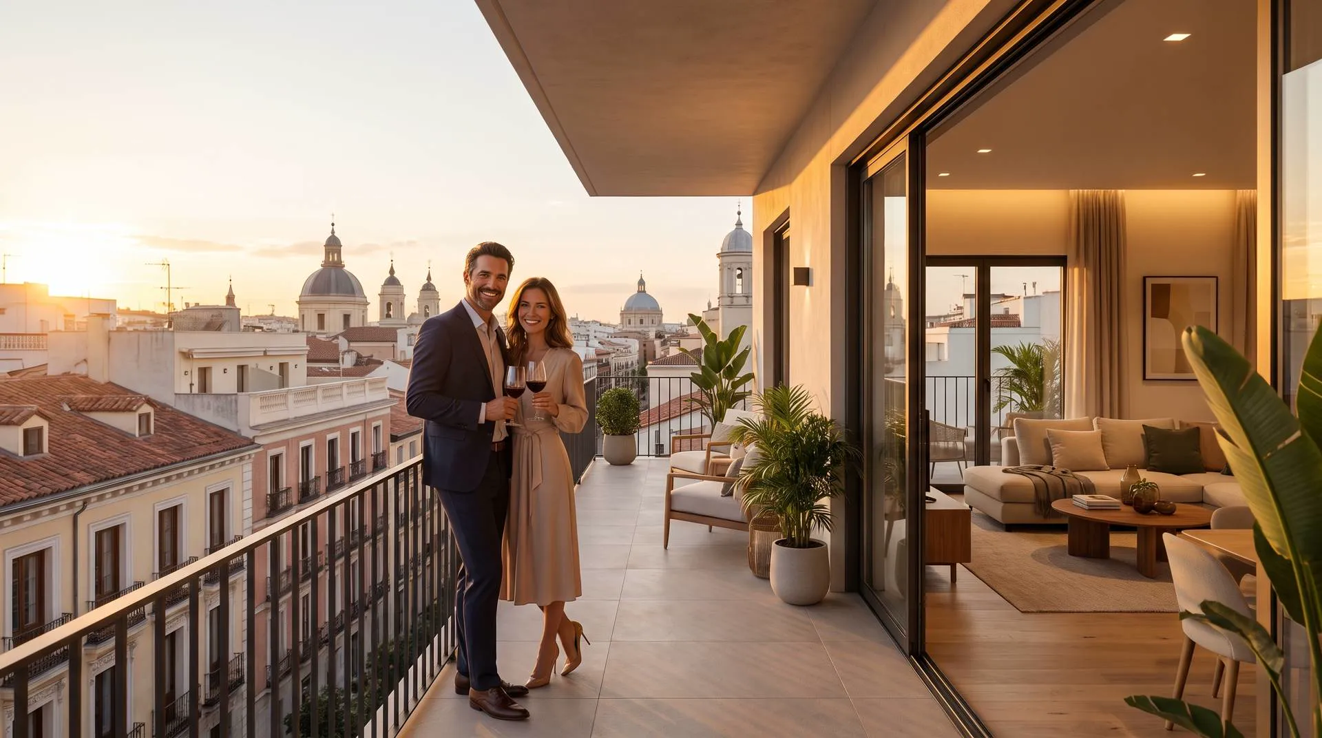 Pareja brindando en el balcón de un apartamento al atardecer
